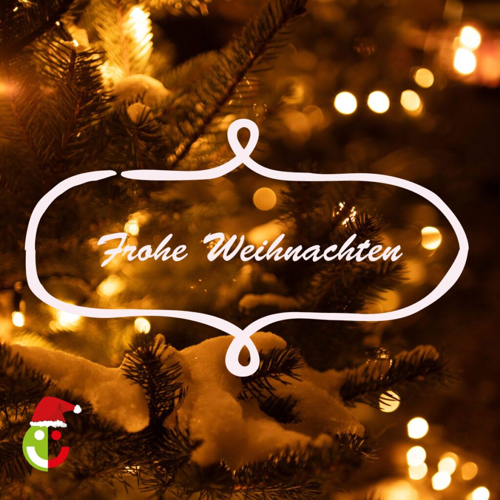 Ein beleuchteter Weihnachtsbaum mit goldenem Licht und glitzernden Schneeflocken. Im Vordergrund steht ein geschwungener Rahmen, in dem der Schriftzug „Frohe Weihnachten“ zu sehen ist. Unten links befindet sich ein kleines Logo des Hauses der Jugend mit einer Weihnachtsmütze.