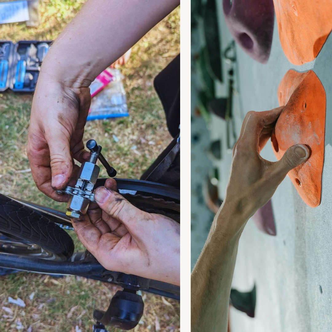 Zwei BIlder. Bild 1: Schmutzige Hände reparieren ein Teil eins Fahrrads. Bild 2: Hände halten sich an einem orangefarbenen Bouldergriff.