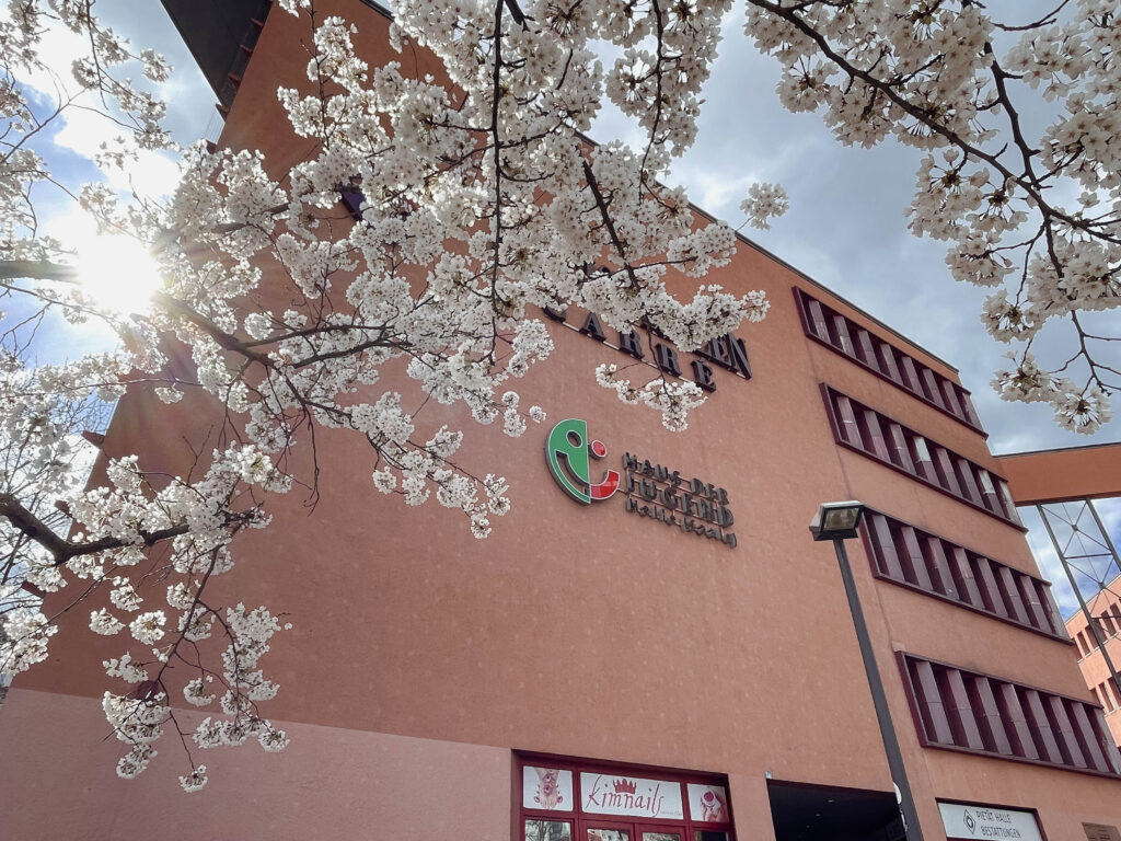 Das Gebäude des Hauses der Jugend mit blühenden Bäumen