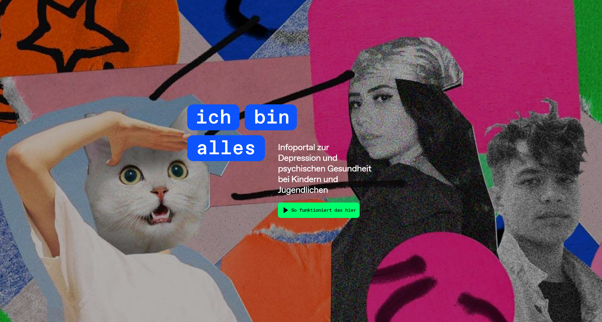Titelbild der Website ich-bin-alles.de, Junge Frau und Katze im Collagen-Design