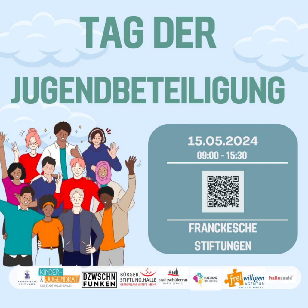 Plakat mit lachenden jungen Menschen für den Tag der Jugendbeteiligung in Halle am 15. Mai 2024