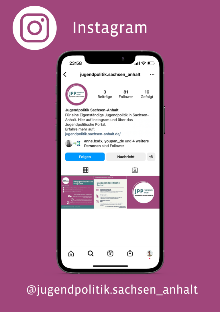 Smartphone mit Instahinweis Jugendpolitisches Portal