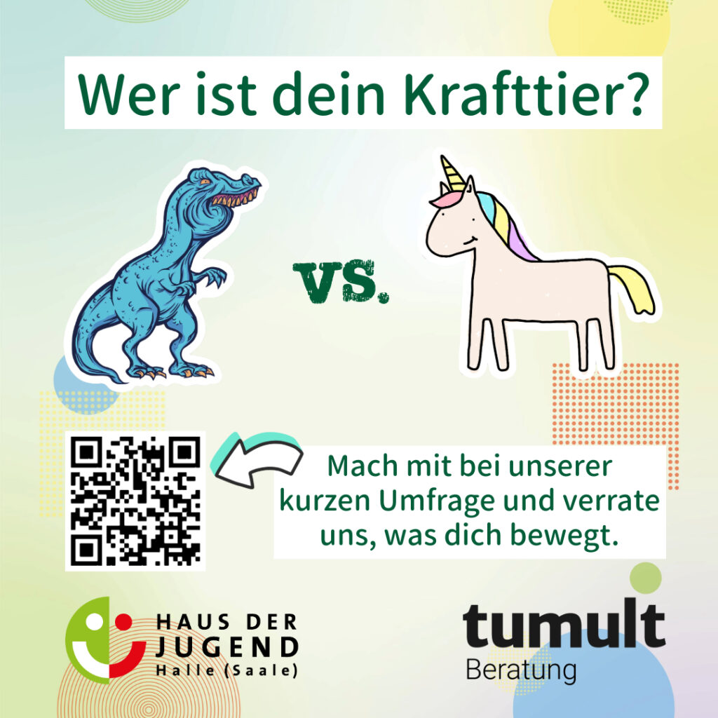 Plakat zur Umfrage "T-Rex vs. Einhorn - Wer ist dein Krafttier?" mit QR-Code zur Umfrage