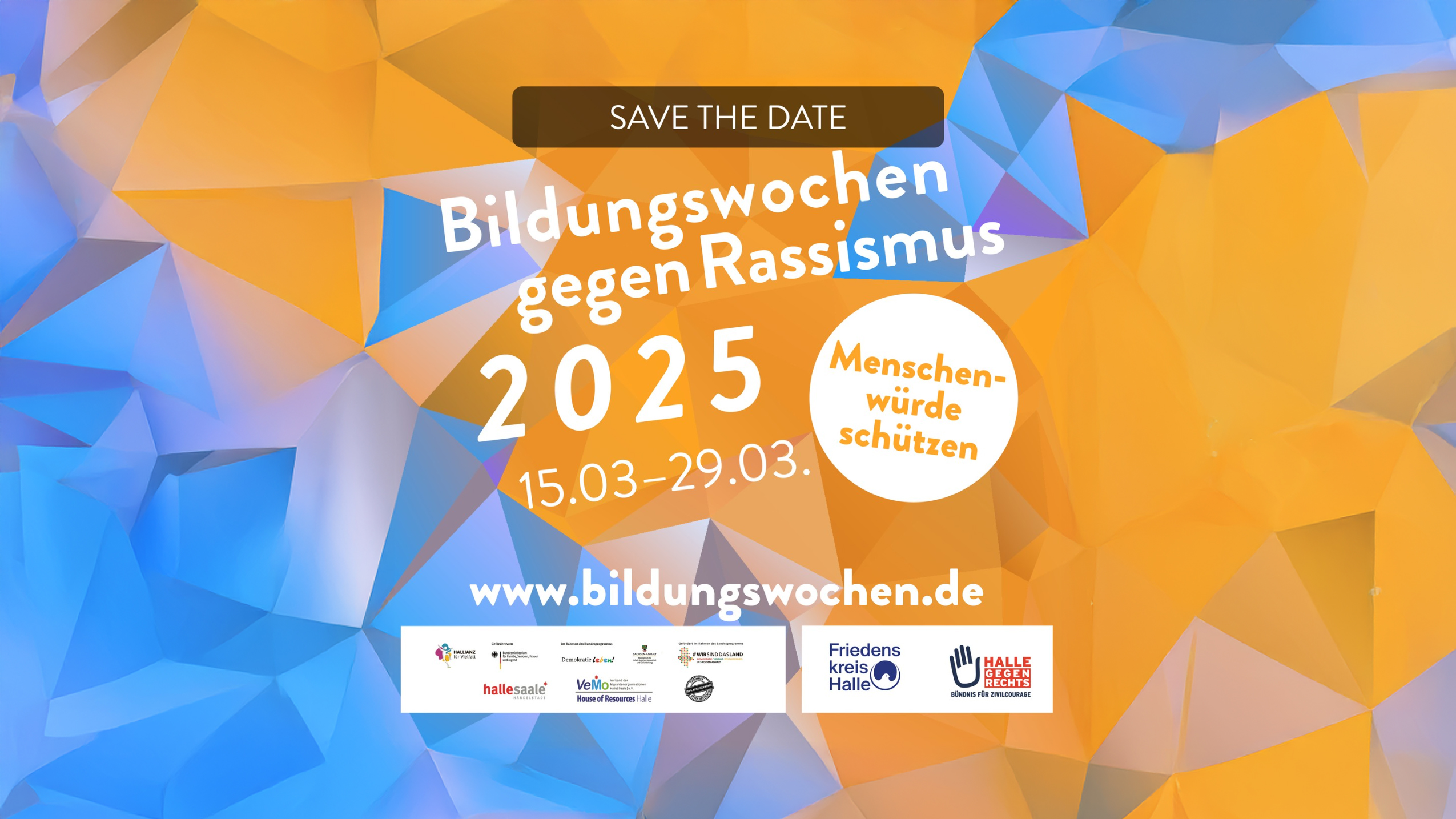 Orange-blaues Plakat mit weißer Schrift: Bildungswochen gegen Rassismus 2025, 15.03. - 29.03. Menschenwürde schützen, www.bildungswochen.de