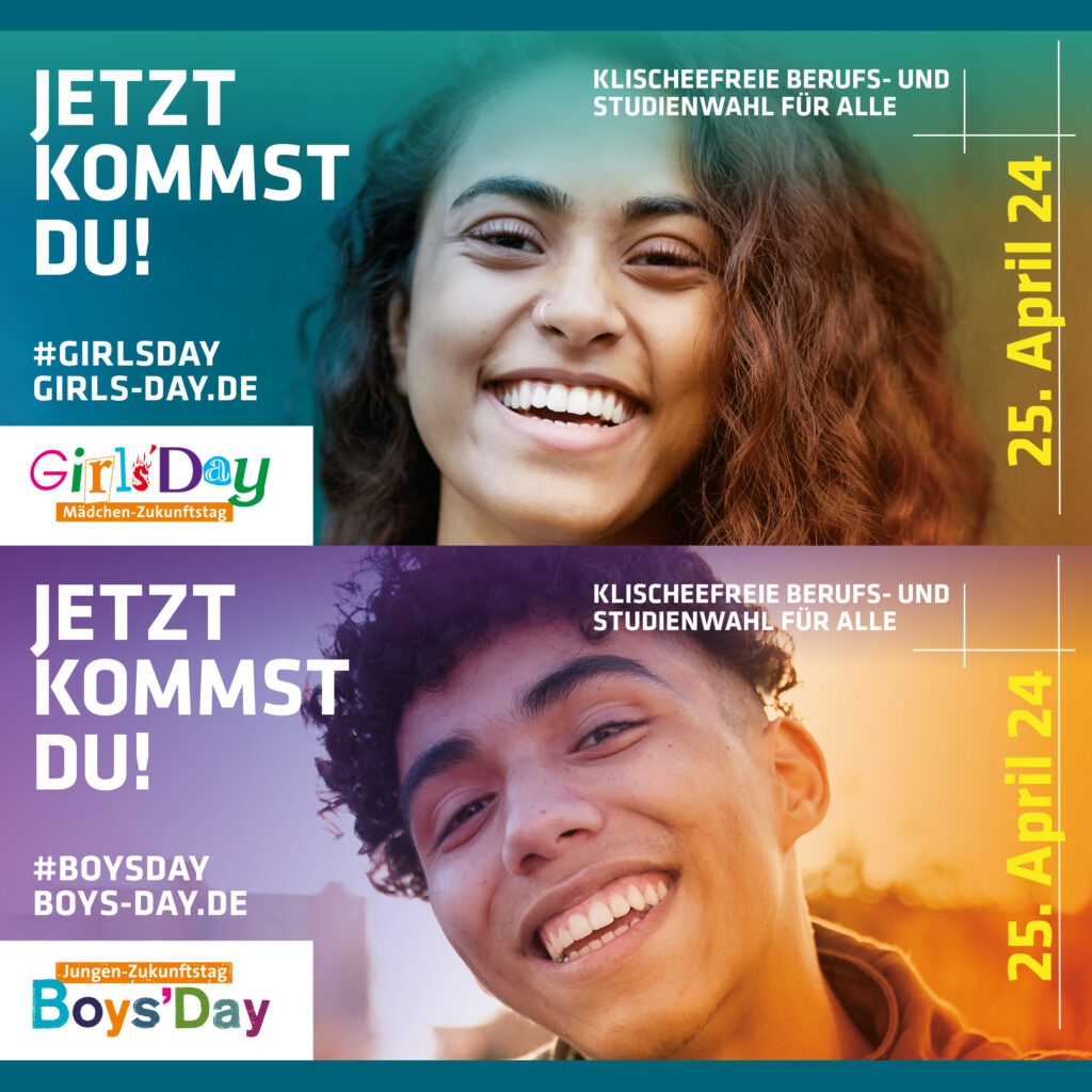 Junge Frau und junger Mann lächeln auf den Plakaten des Zukunftstages