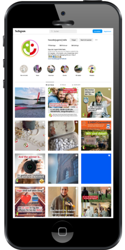 Smartphone zeigt Instagram-Kanal vom Haus der Jugend