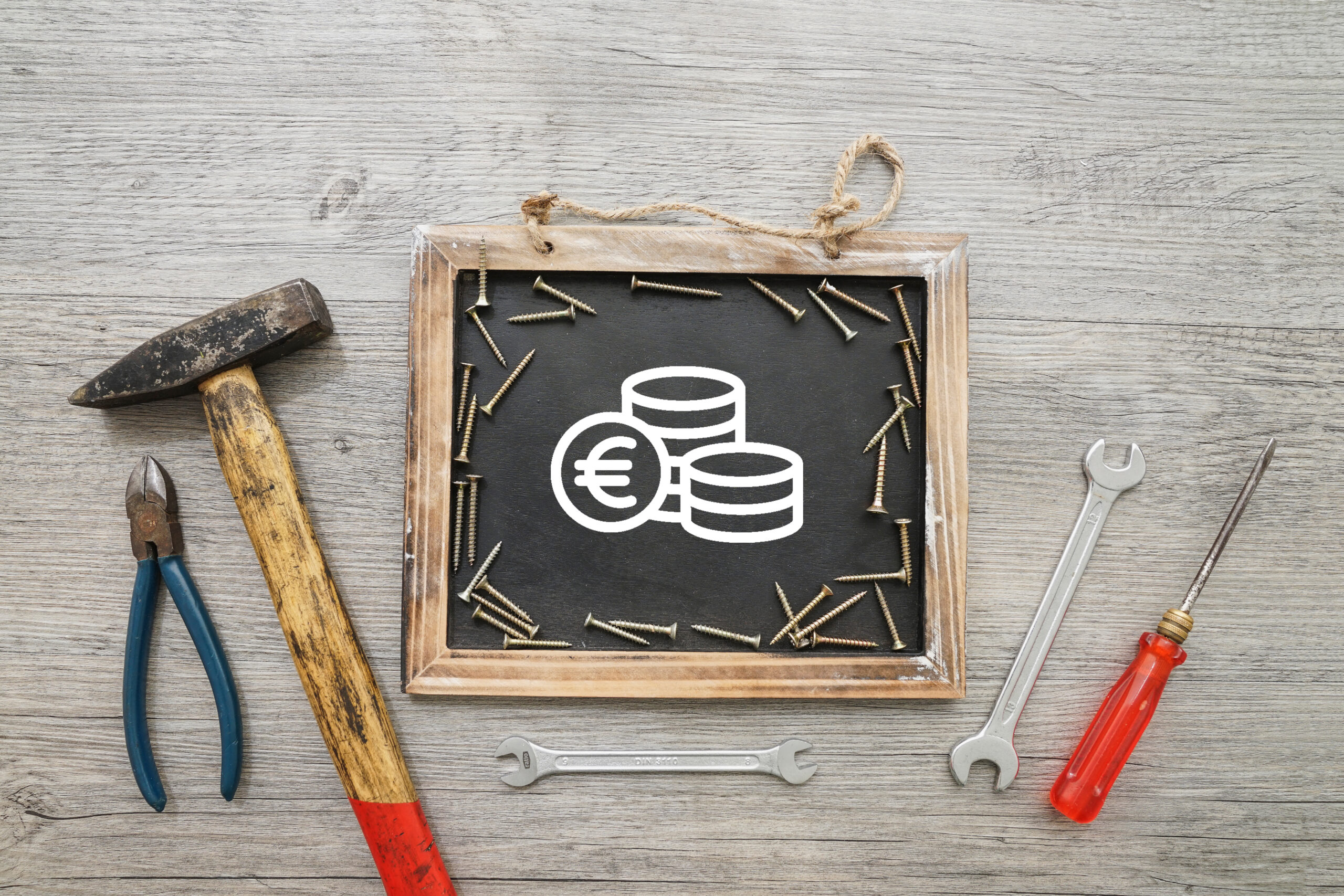 Handwerkzeug und Tafel mit gemalten Geld